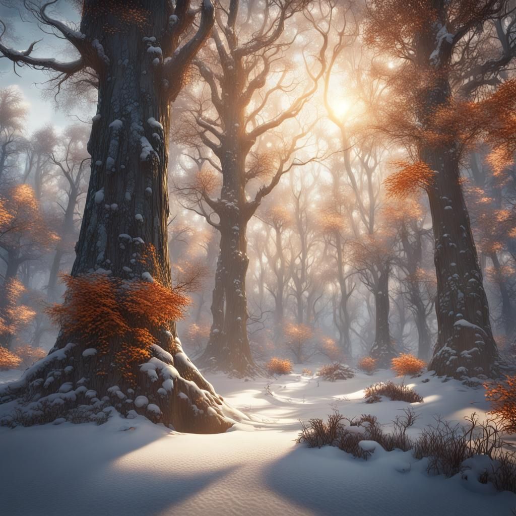 Winter Woods: Sunny Morning with Tangerines, Fantasy Art