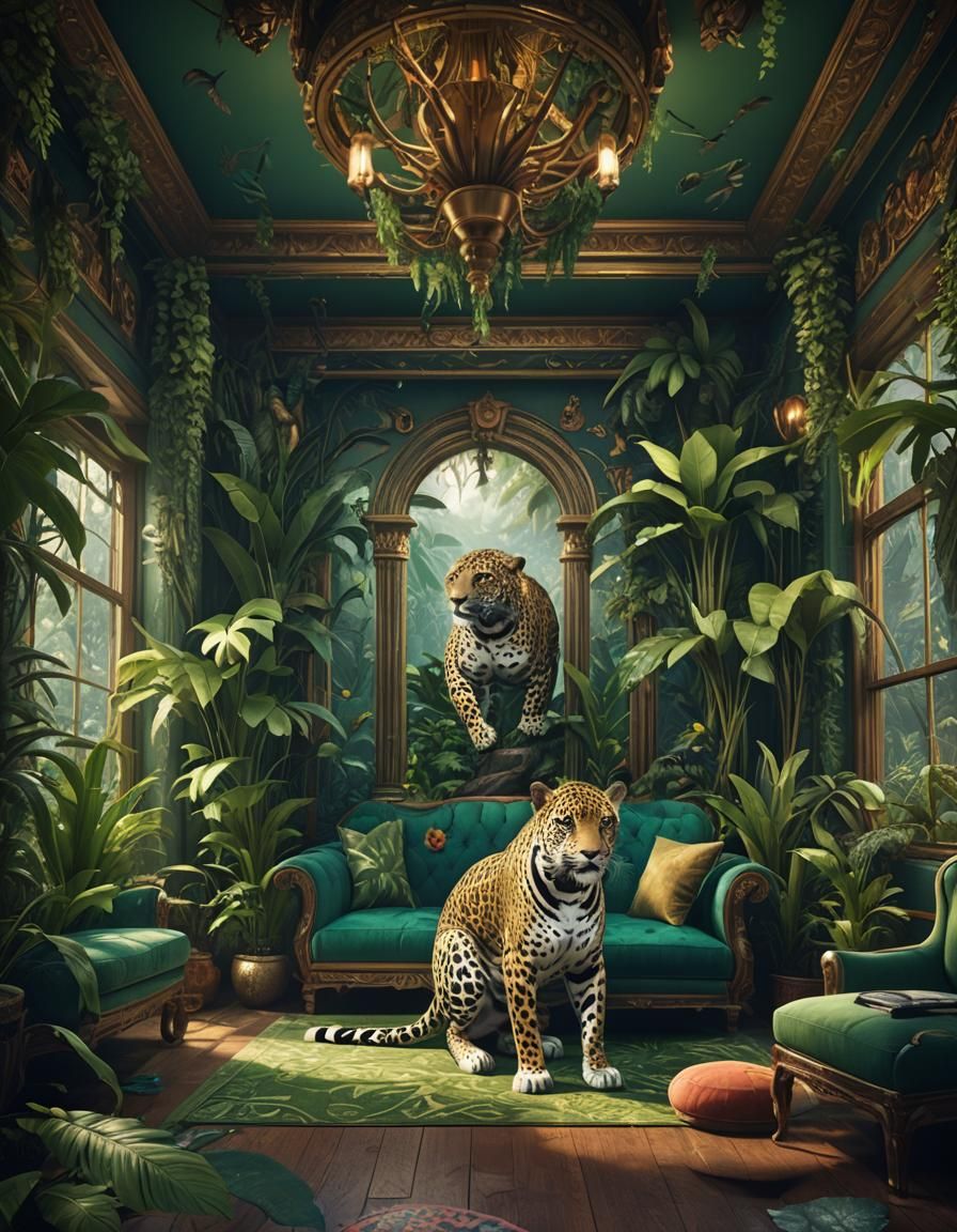 Jungle Parlor with Jaguar in Detailed Matte Painting