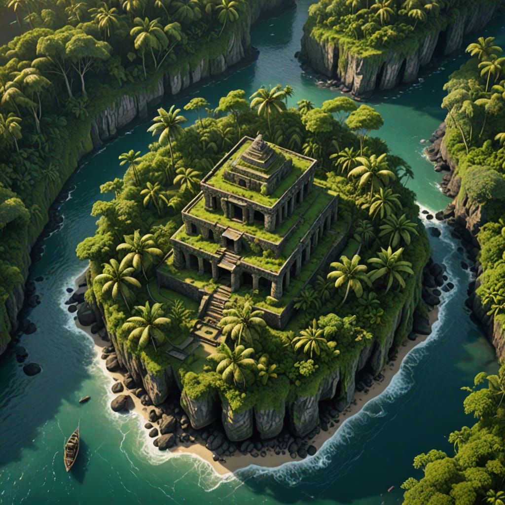 Mysterious Island with Ancient Ruins and Weapons