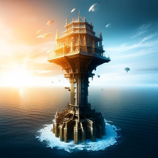 Skyscraper Column Rises from Sea with Airships