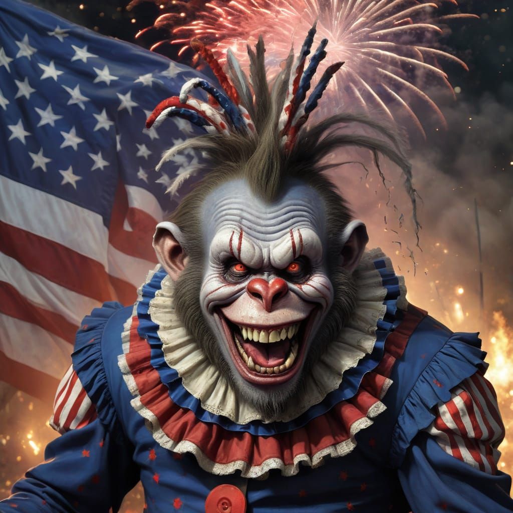 Zombie Monkey Clown in Patriotic Horror Art