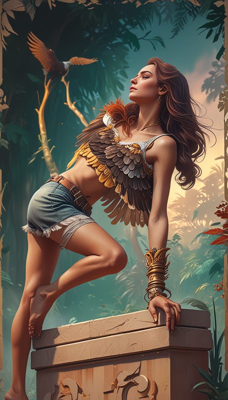 Bald Eagle Soars Over Jungle in Art Nouveau Style