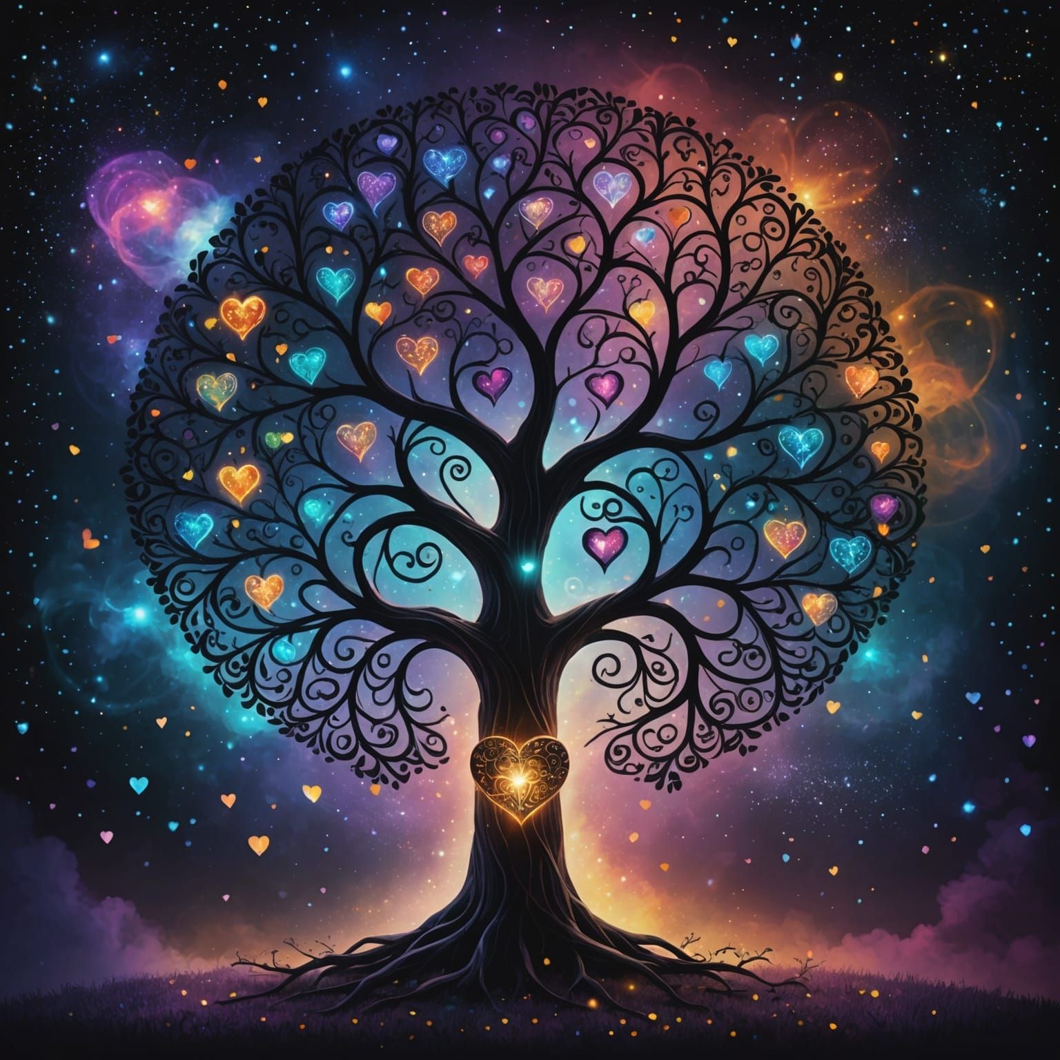Glowing Tree of Life with Intertwined Hearts