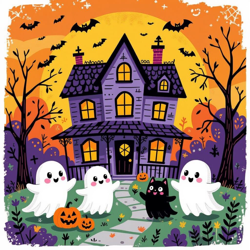 Cute Halloween Ghosts at Haunted House
