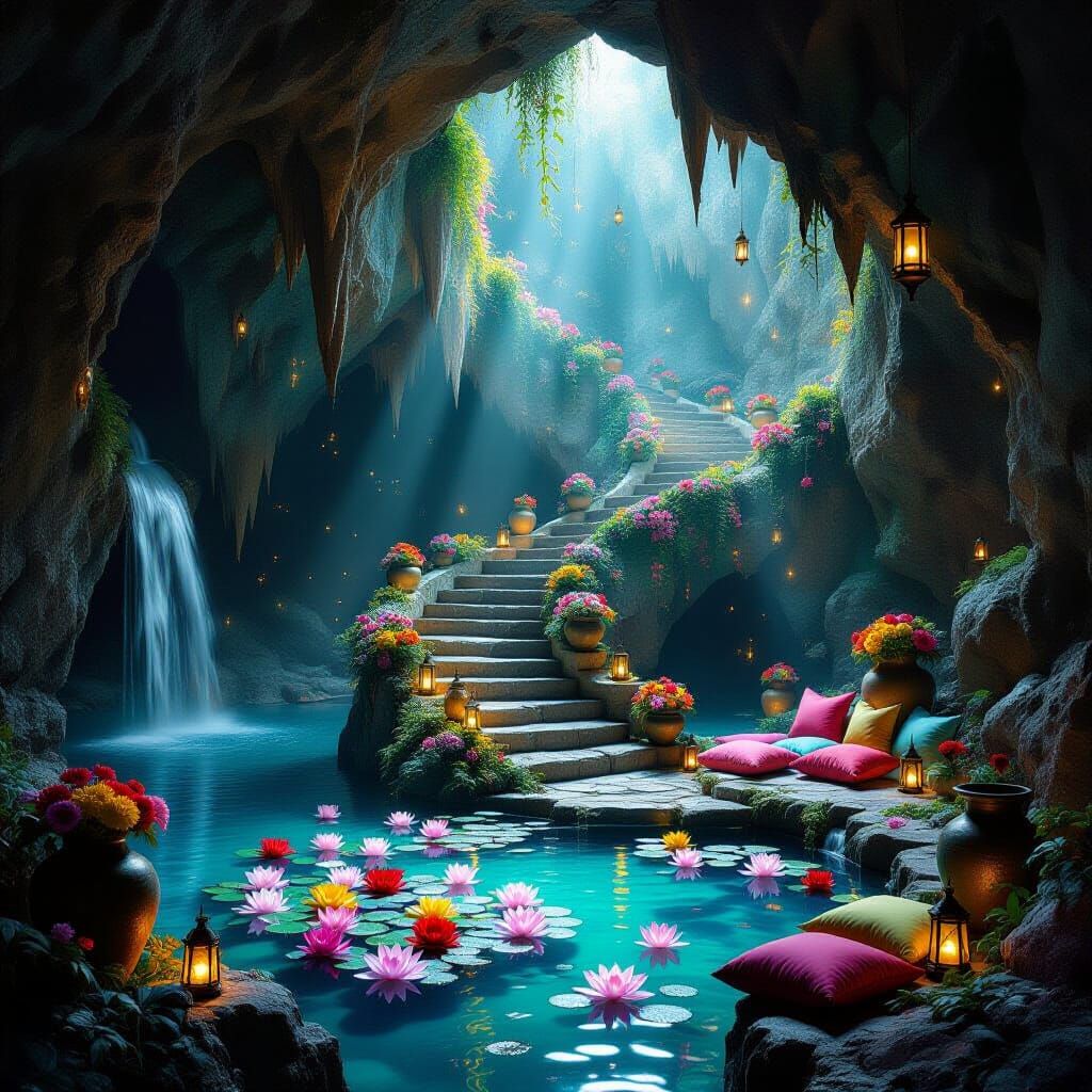 Mysterious Cave Lake with Flowers and Waterfalls in Renaissa...