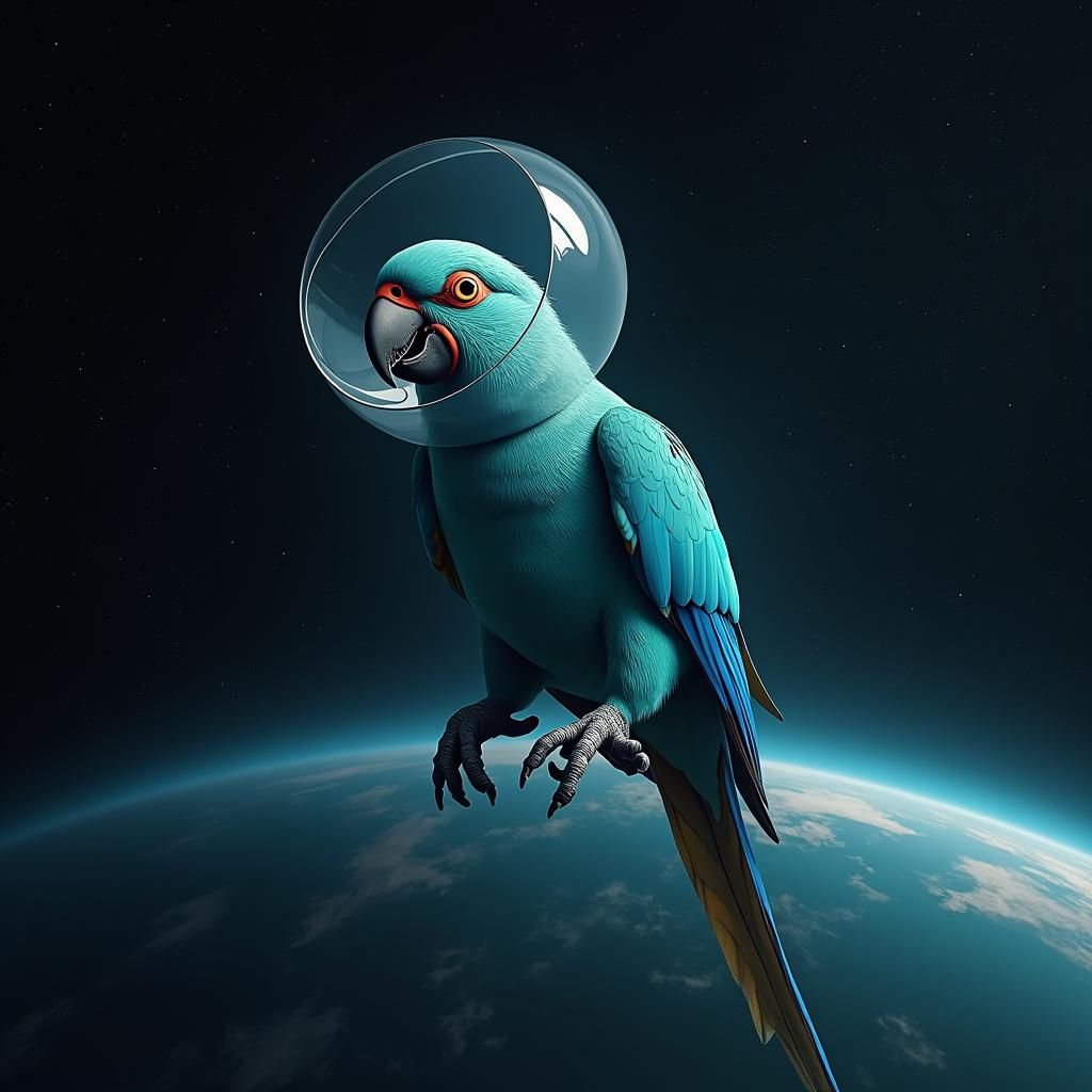 Blue Parrot Orbits Earth in Cone of Shame