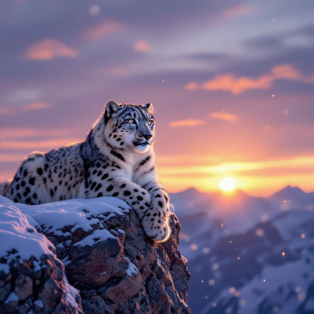 Snow Leopard Lounging on Windswept Precipice