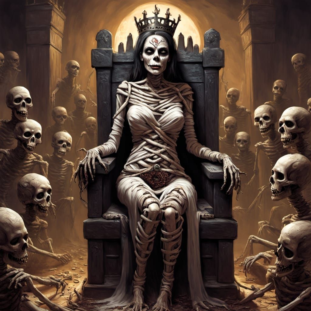 Egyptian Zombie Queen Reigns Over Mummy Throne of Bones