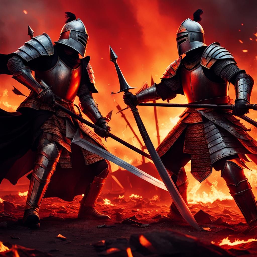 Knights Clash Swords on Fiery Battlefield