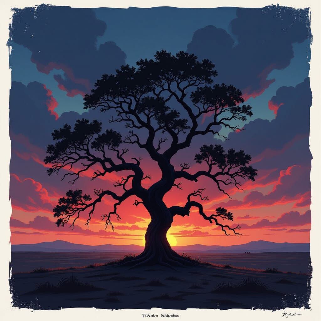 Ancient Oak Silhouette Under Bruised Twilight Sky