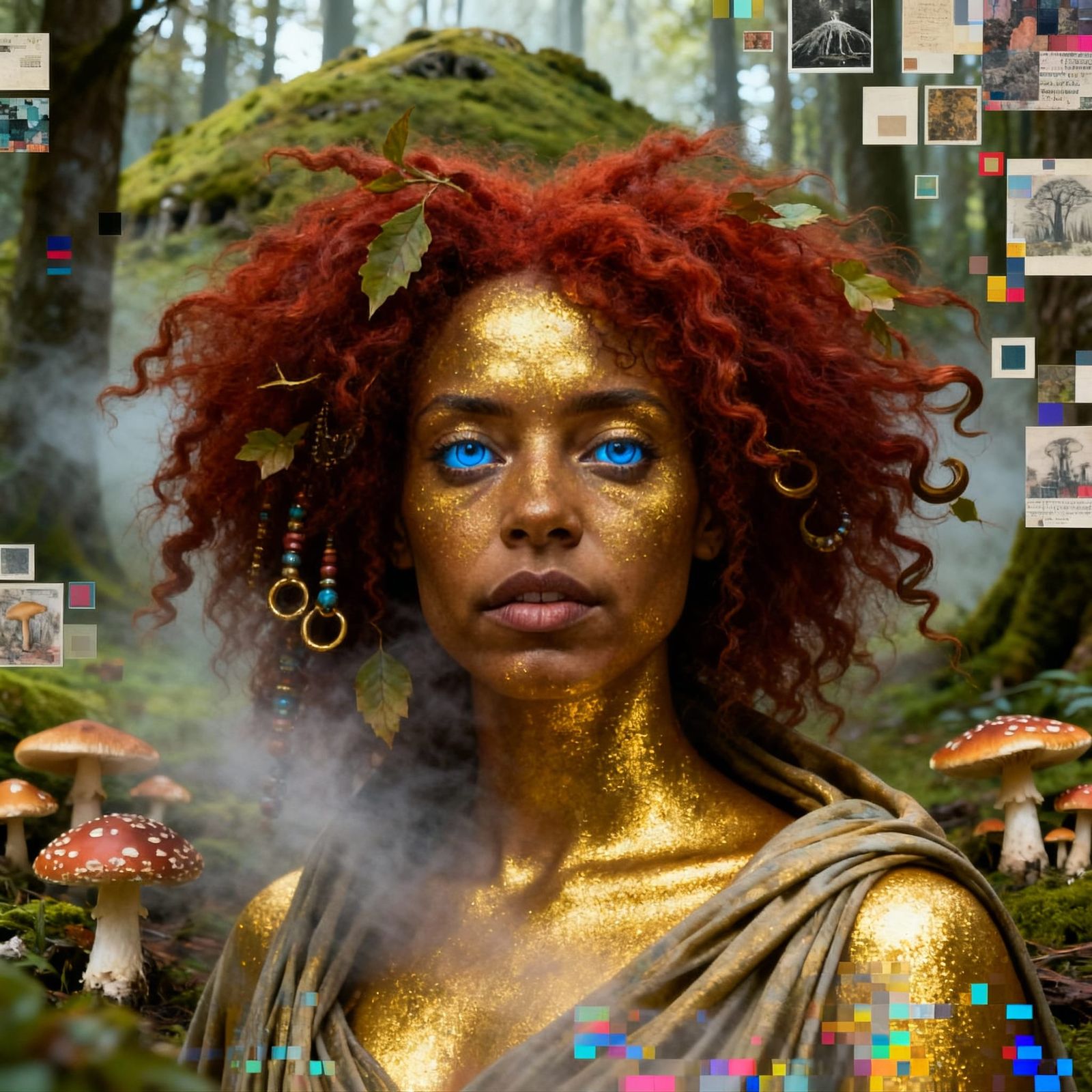 Glitch Portrait of Otherworldly Woman with Golden Skin