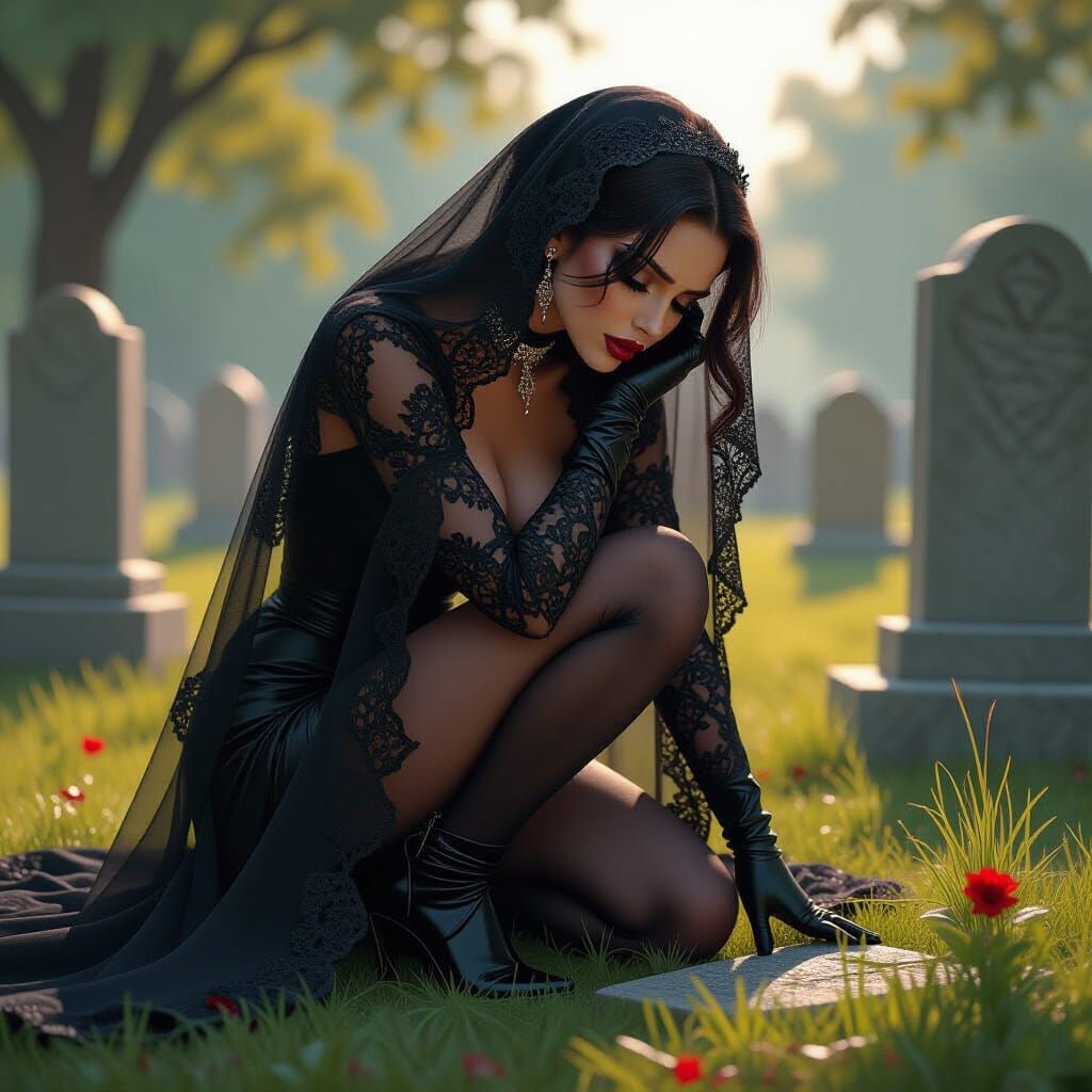 Grieving Widow at Cemetery, Dark Fantasy Concept Art
