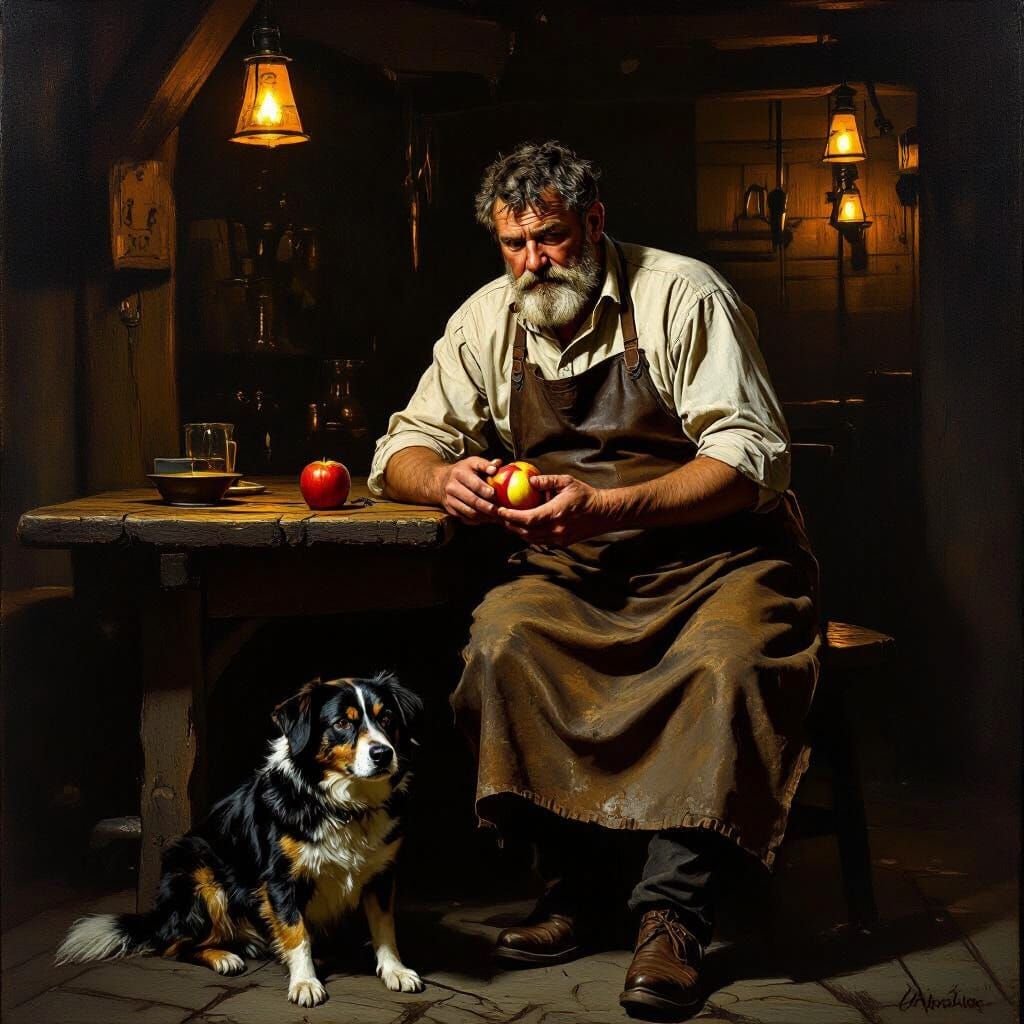 Grizzled Farmer and Dog in Dimly Lit Tavern