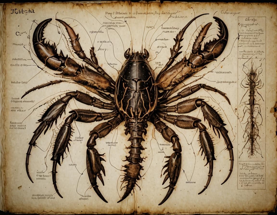 Intricate Sepia Diagram of Dissected Crayfish