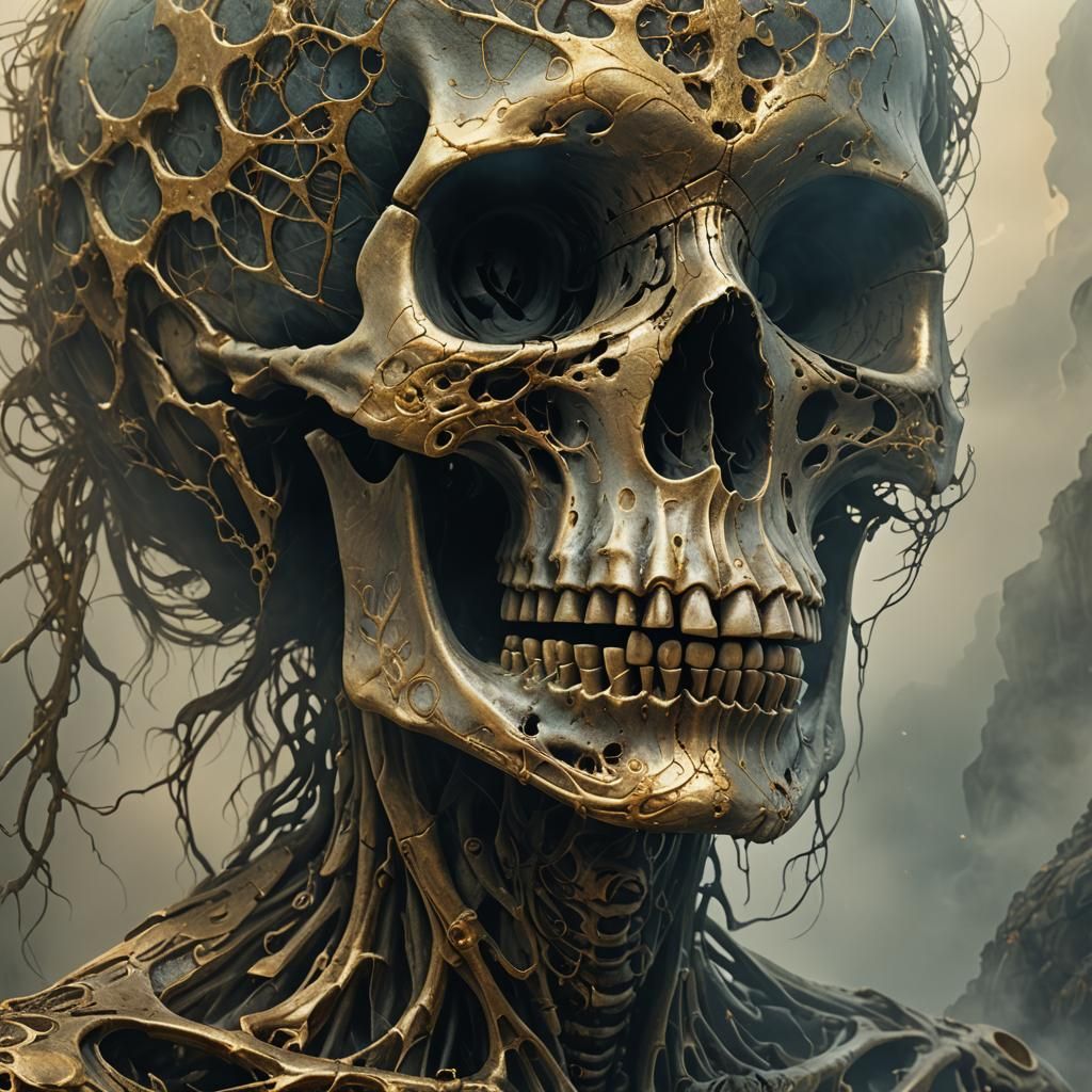 Skull Fading Into Mist in Beksiński Style