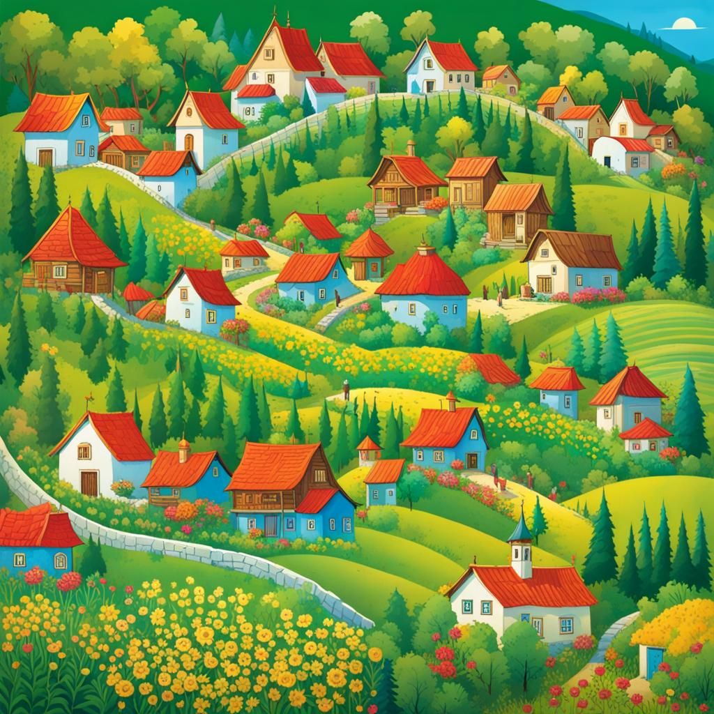 Picturesque Ukrainian Village: Detailed Matte Painting