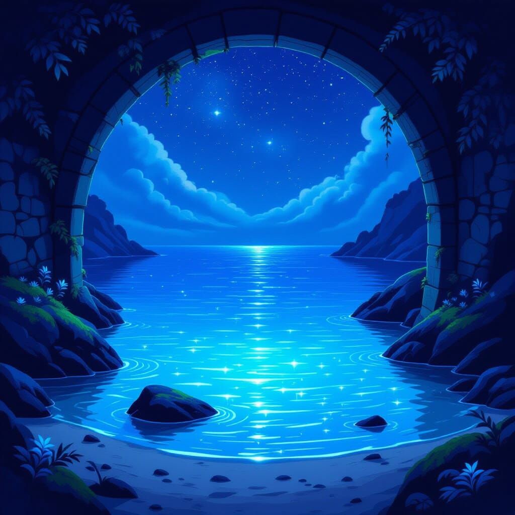 Hidden Cove with Bioluminescent Flora and Starry Night Sky