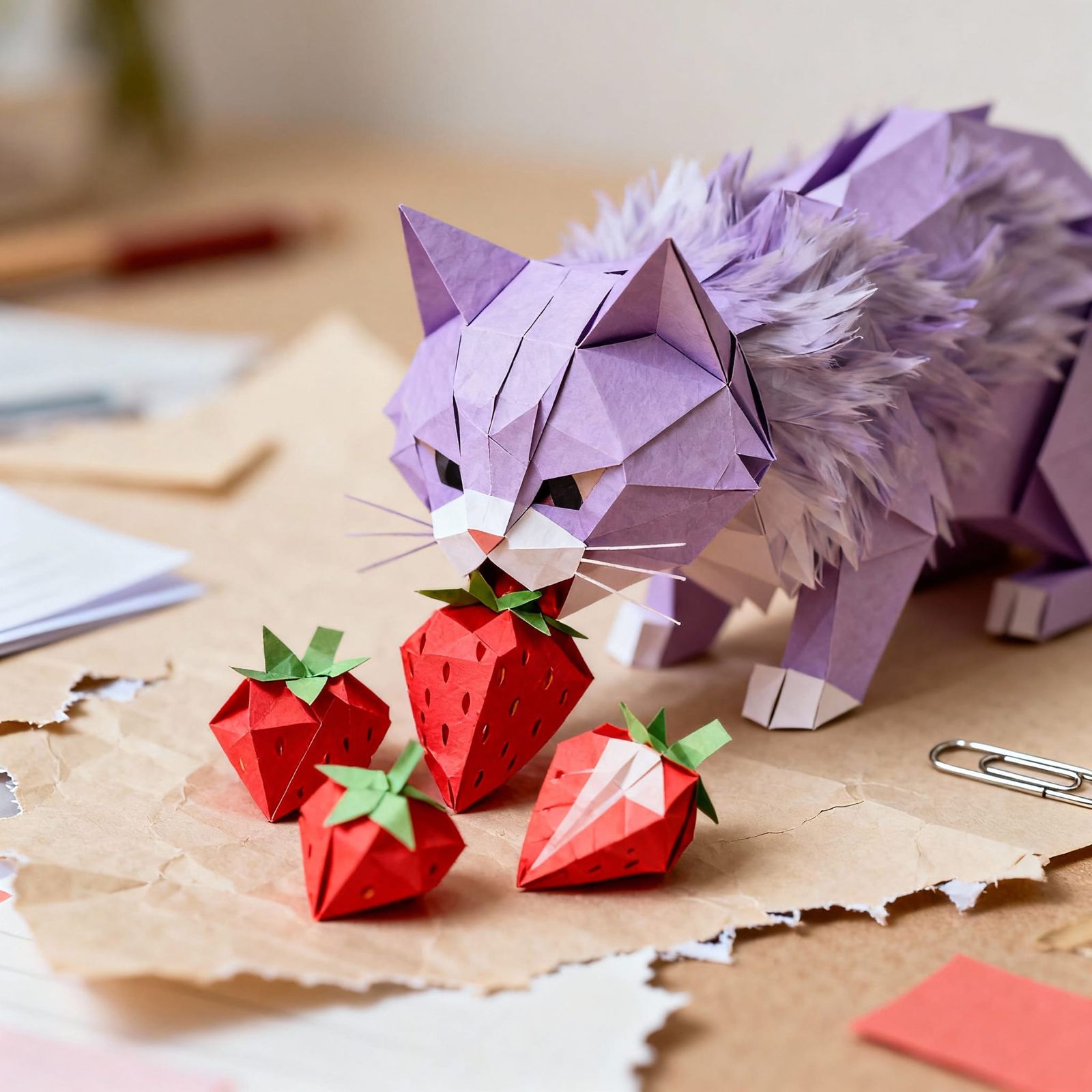 Lilac Origami Cat Eats Strawberries in Soft Focus