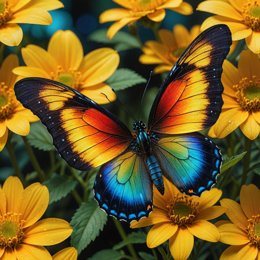 Bioluminescent Butterfly on Flower, Digital Art