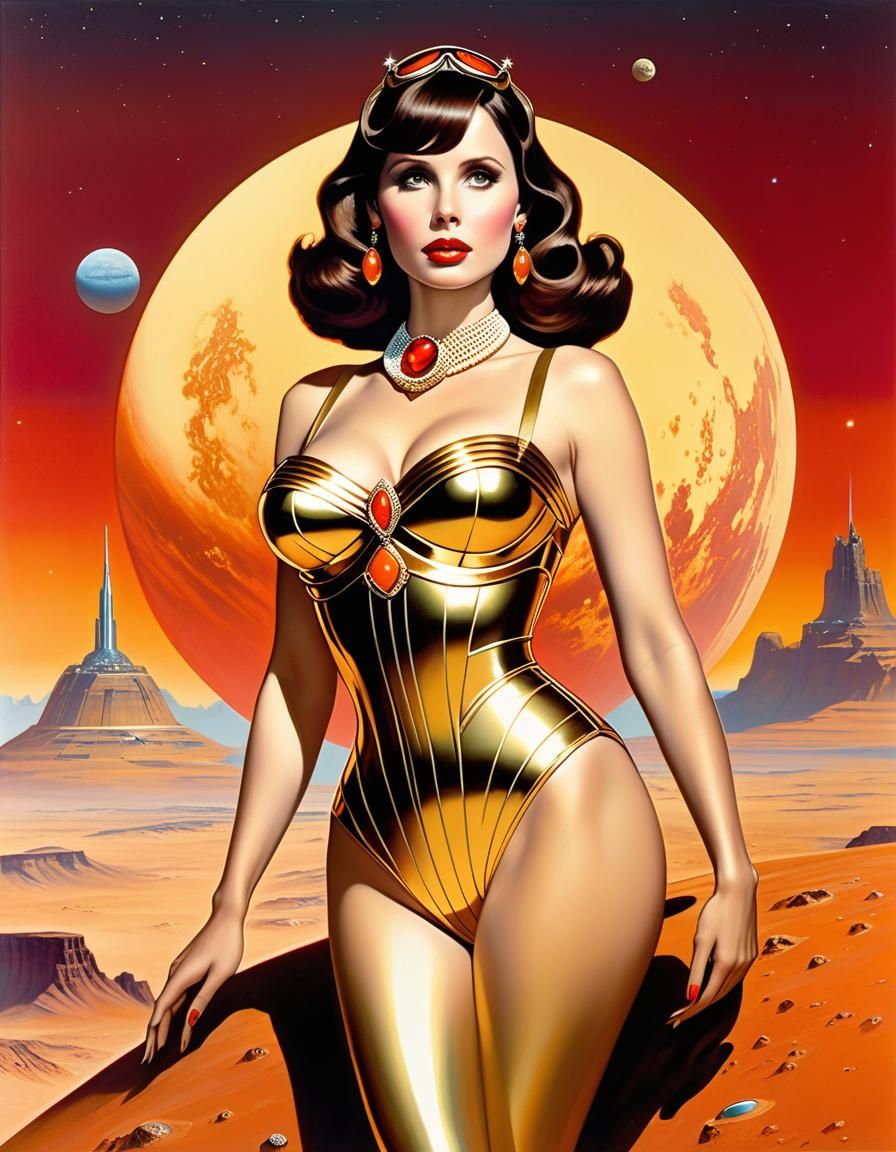 Retro Space Princess on Mars in Art Nouveau Style