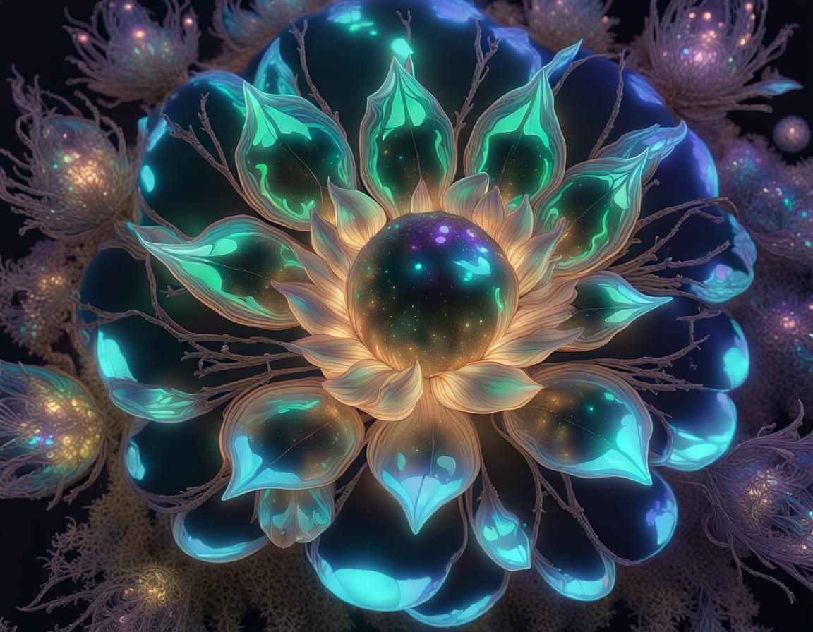 Iridescent Sphere with Bioluminescent Flowers