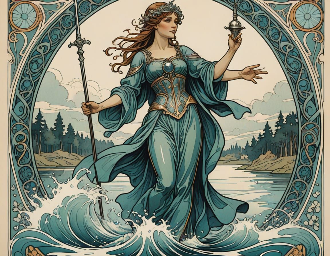 Art Nouveau ink drawing, style of Mucha,  the Lady of the Lake rising from the water holding Excalibur aloft