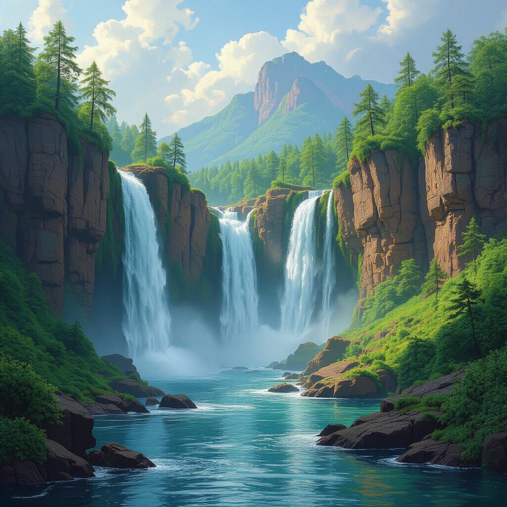 Cascading Waterfalls in Lush Greenery