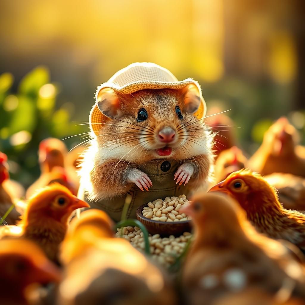 Hamster Farmer Feeds Chickens: Professional Photography