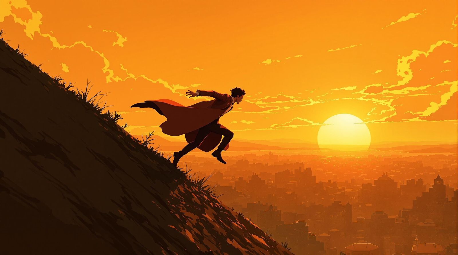 Man in Whimsical, Sunset-Lit Cityscape Running on Air, Inspi...