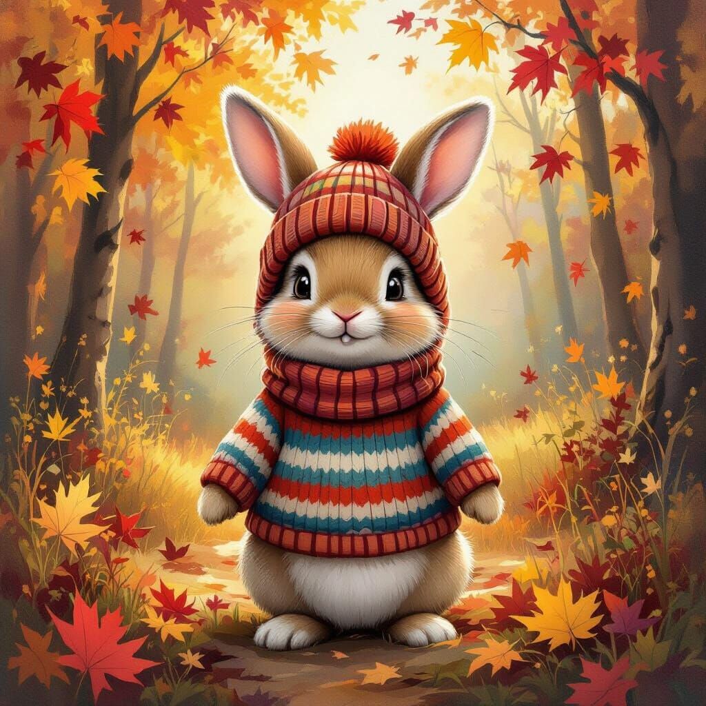 Cozy Bunny in Autumn Forest Painting