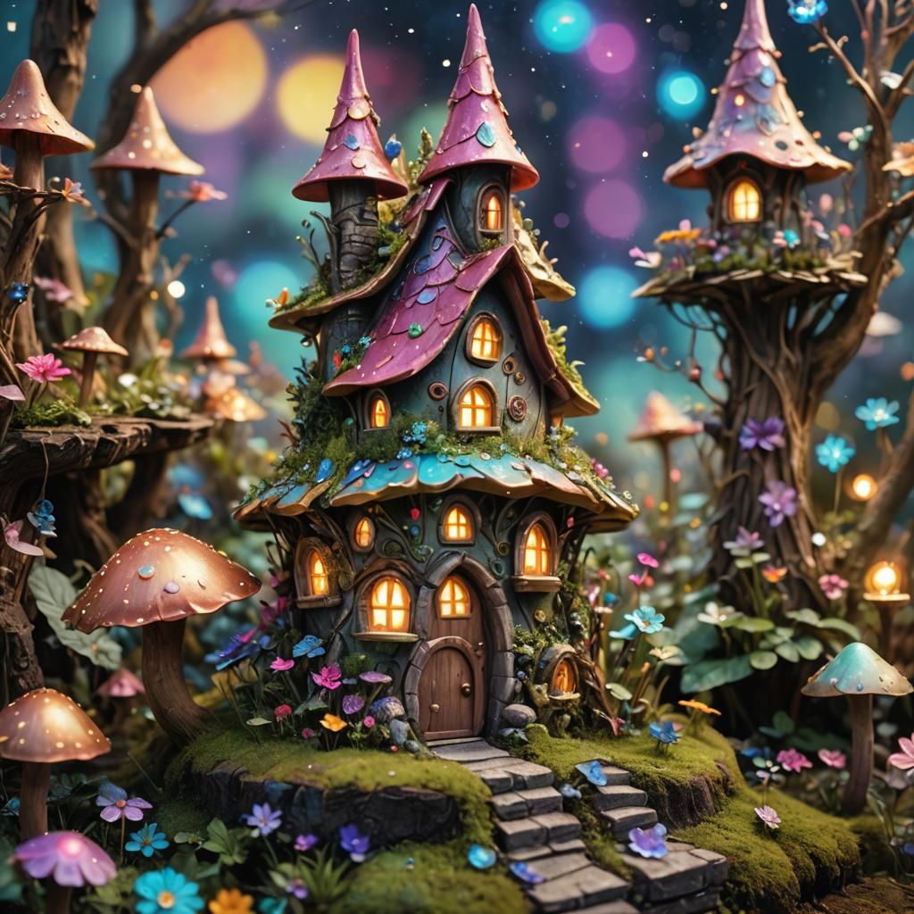 Cosmic Fairy House Holographic Illustration