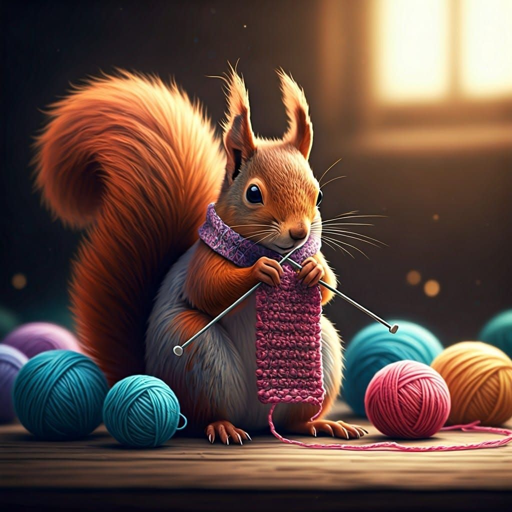 Whimsical Red Squirrel Knits Companion in Cozy, Rustic Scene
