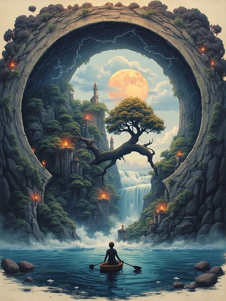 Surreal Stargate Dreamscape with Bonsai and Lighthouses
