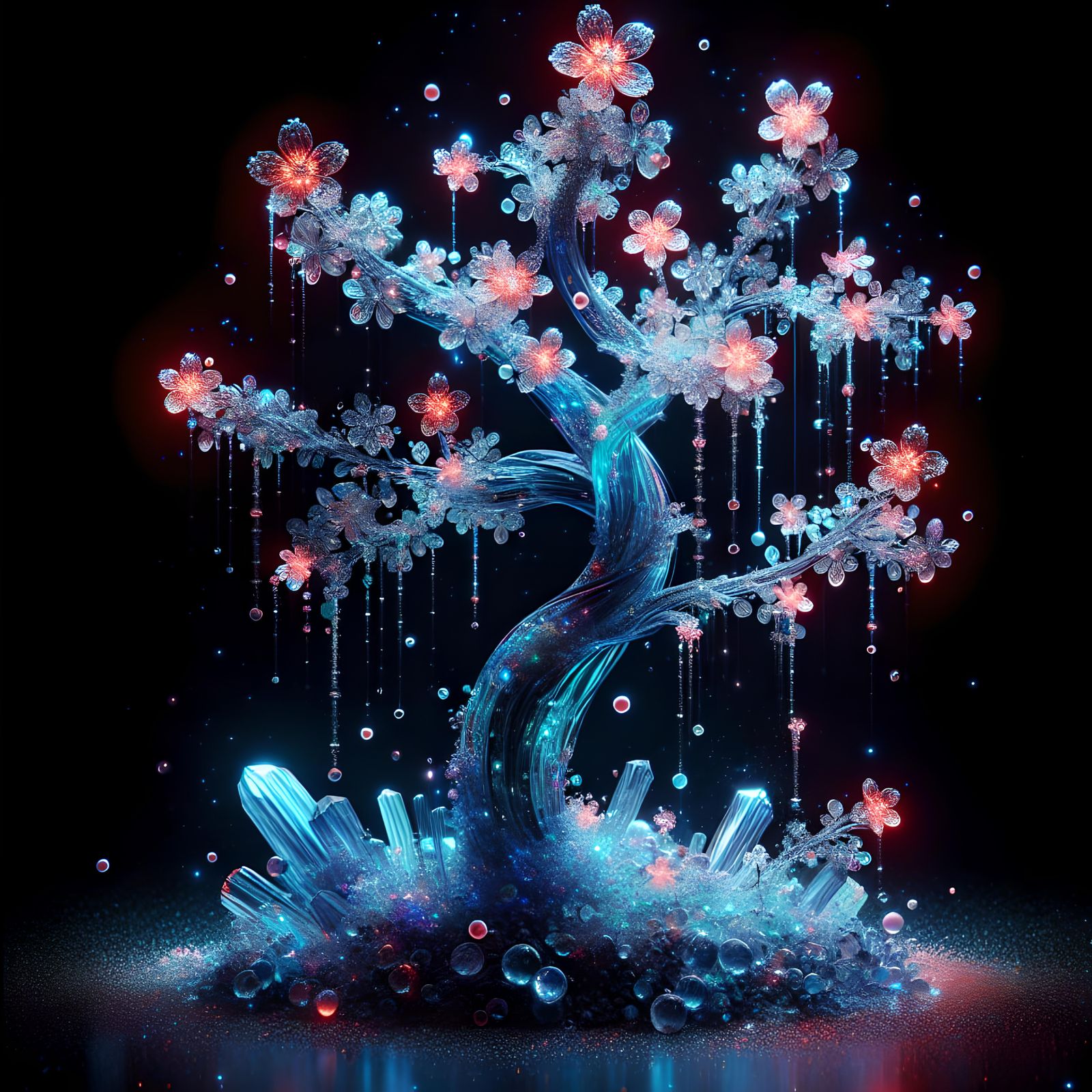 Sapphire Cherry Blossom Sculpture in Bioluminescent Glass