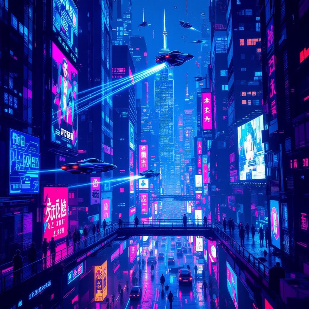Cyberpunk NYC Neon Jungle with Flying Cars