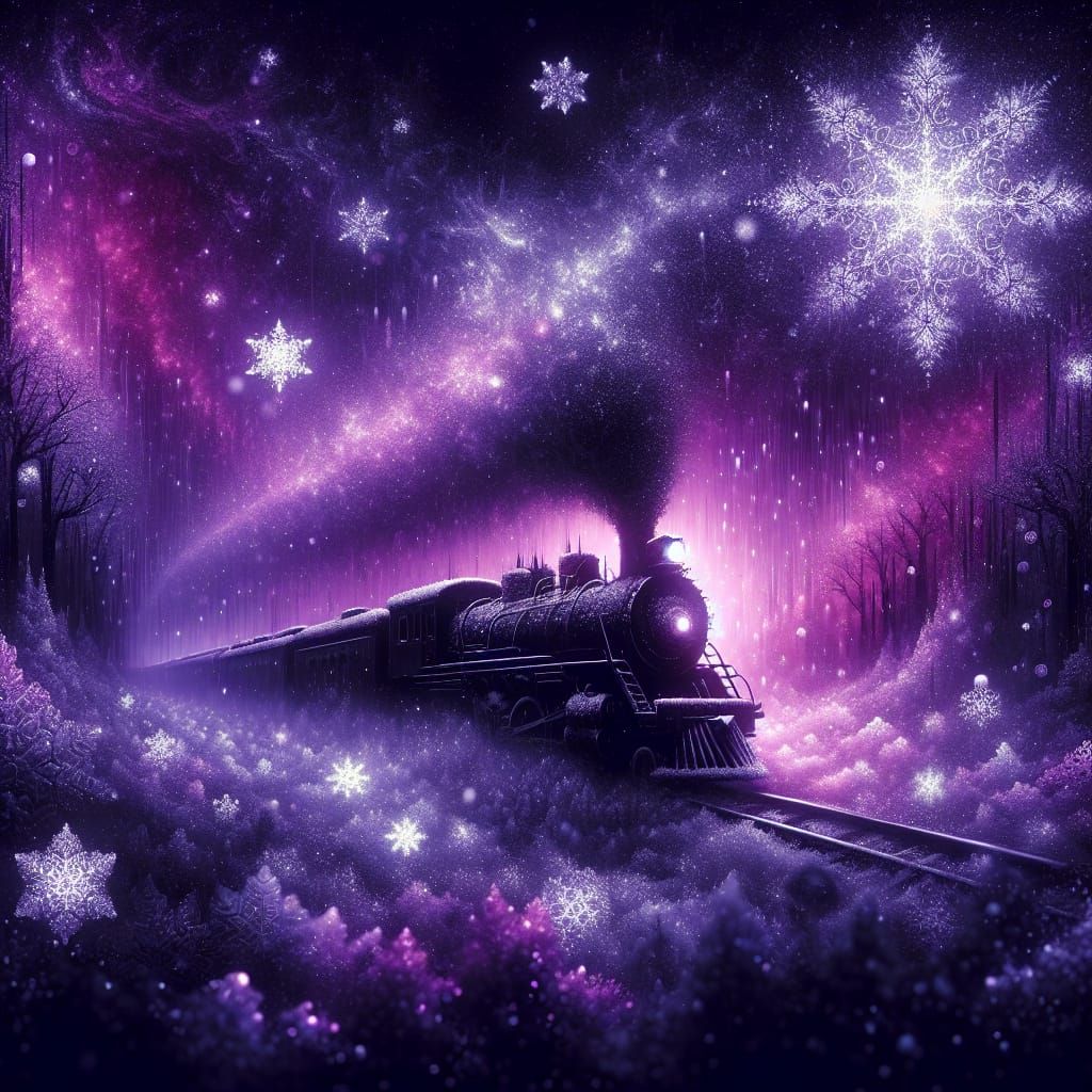 Whispers in a Violet Hush: An Enchanted Blizzard Train Scene
