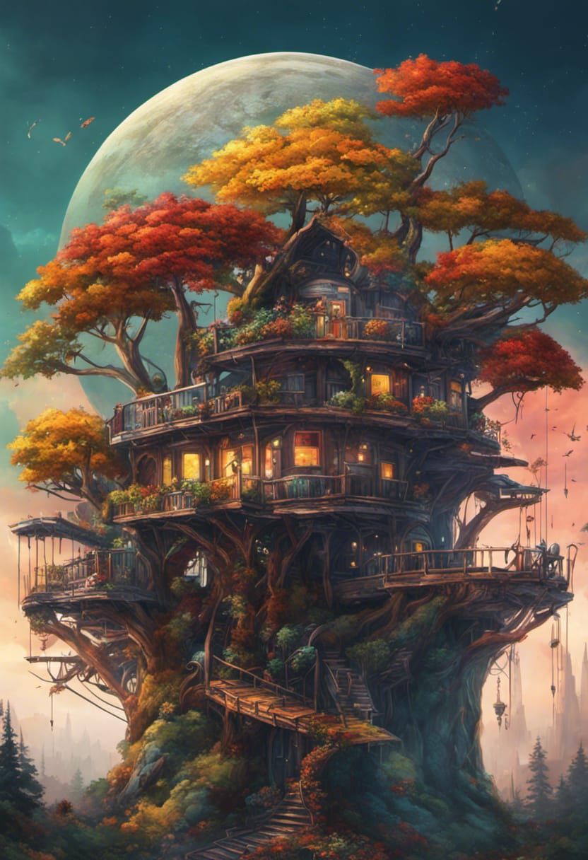 Sci-Fi Dystopian Treehouse Village in Autumn