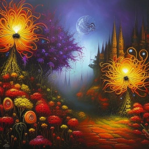 Detailed Floral Mixed Media Painting in Fantasy Style