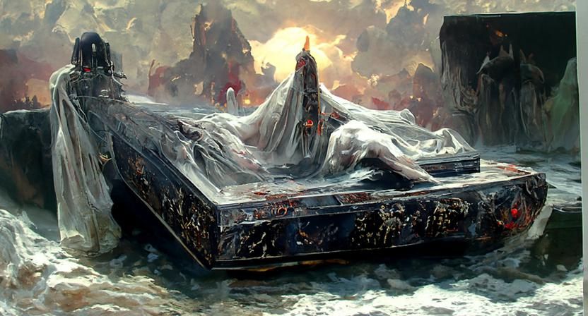 A floating imperial marble coffin, rising from the depths of...