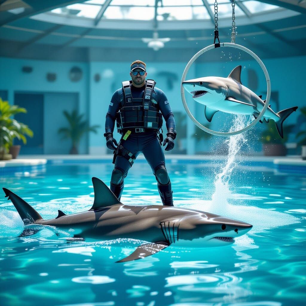 Shark Trainer Rides Tiger Shark, Another Jumps Hoop
