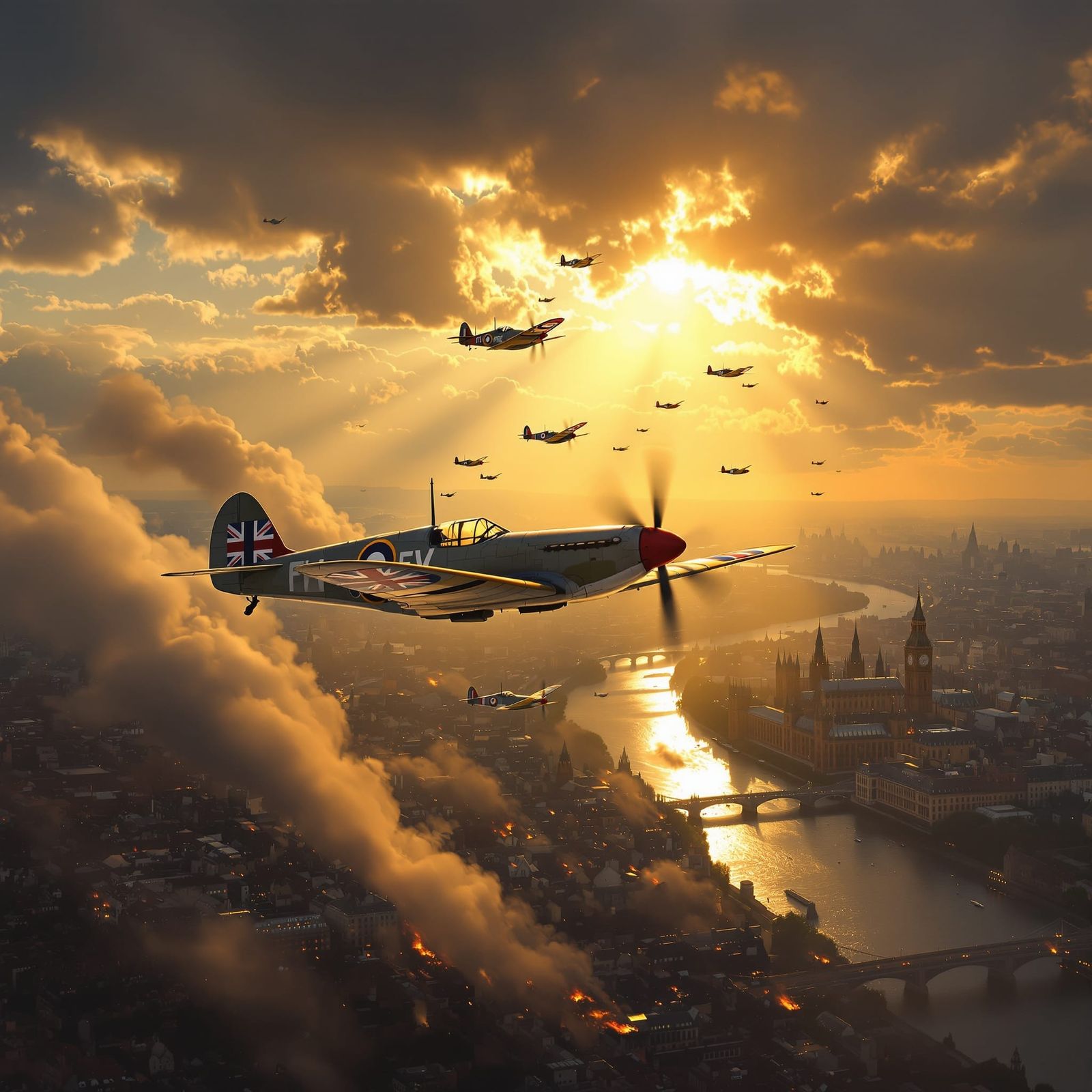 RAF Spitfires Over Blitzed London in Frazetta, Mead, Stalenh...