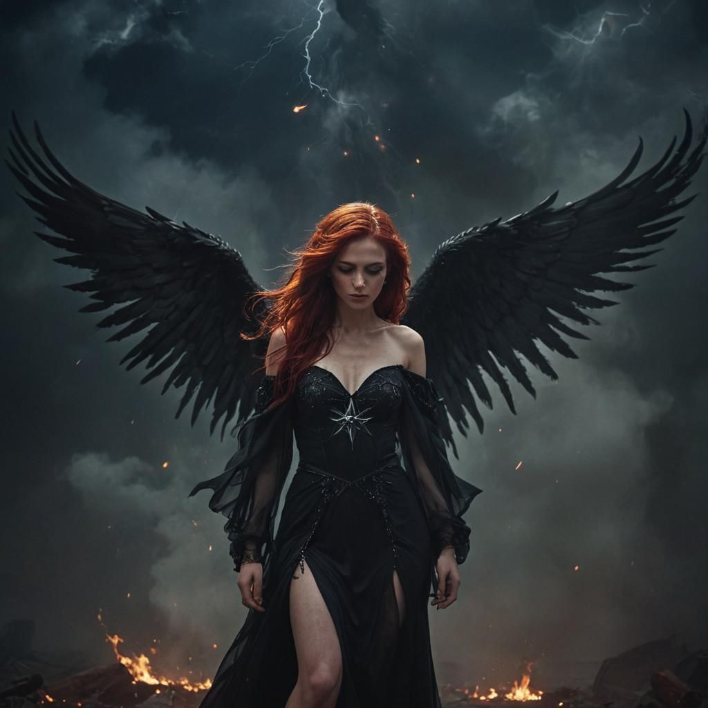 Fallen Angel in Burning Pentagram: Gothic Concept Art