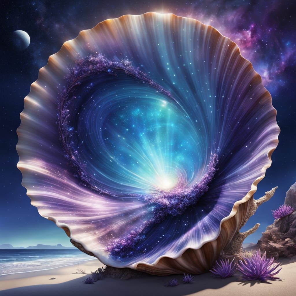 Mystical Realm Inside Colossal Seashell on Starry Beach