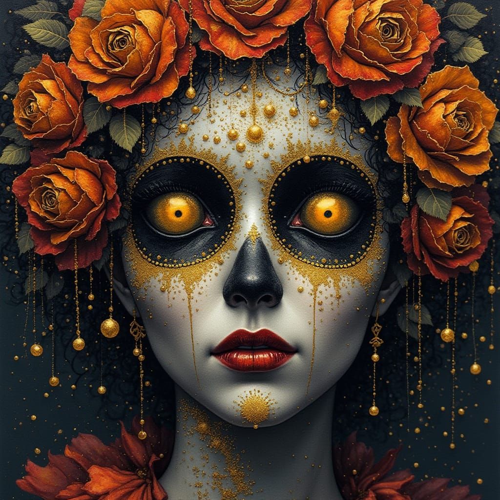 Macabre Watercolor Goddess in Dark Gold and Black