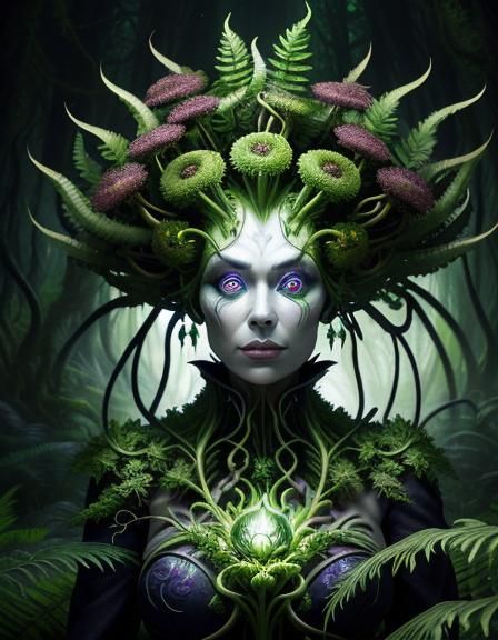 Surreal Woman Merging With Biomechanical Fern Forest
