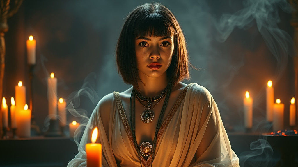 Ethereal Priestess of Isis in Mystical Chamber