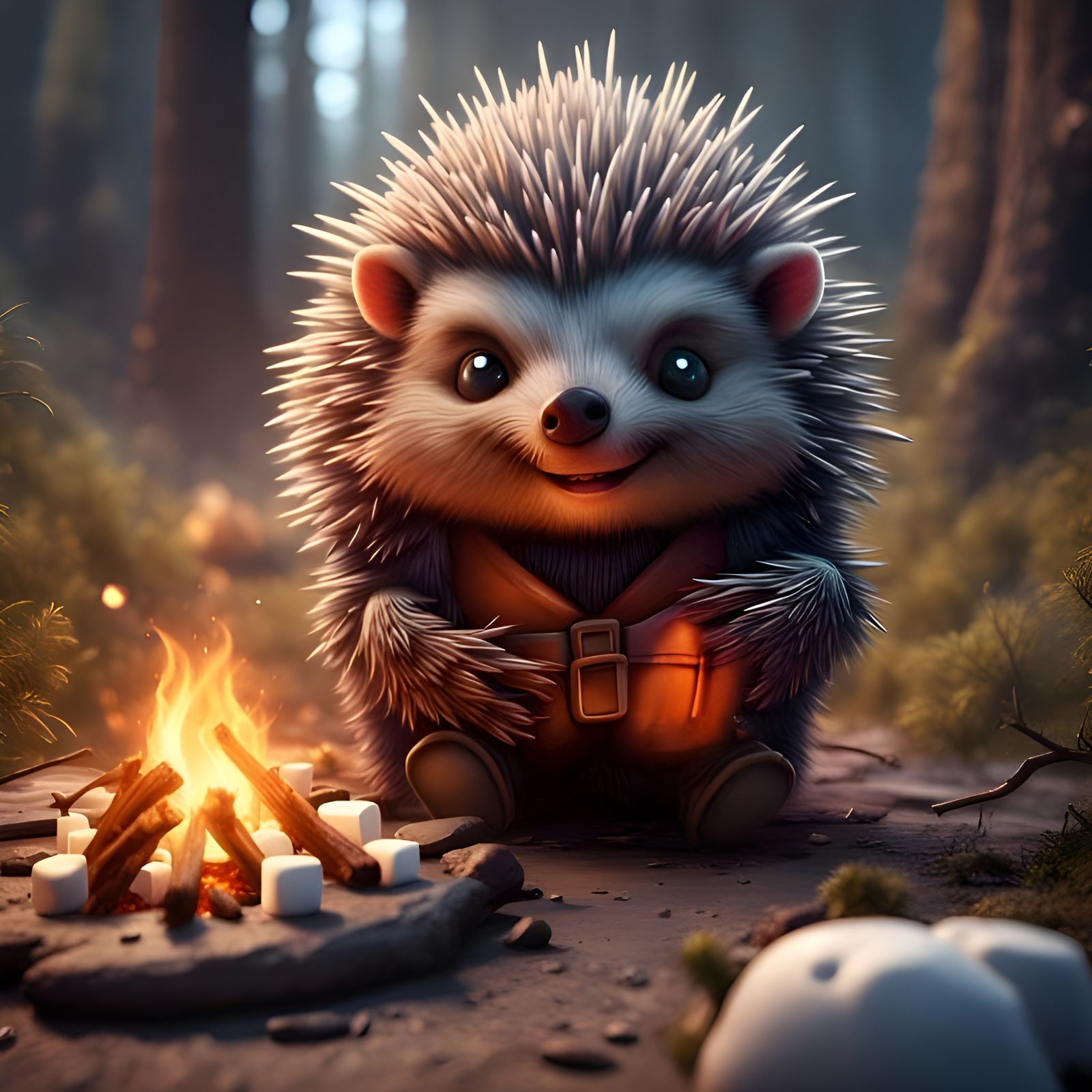 Adorable Porcupine with Marshmallows by Campfire