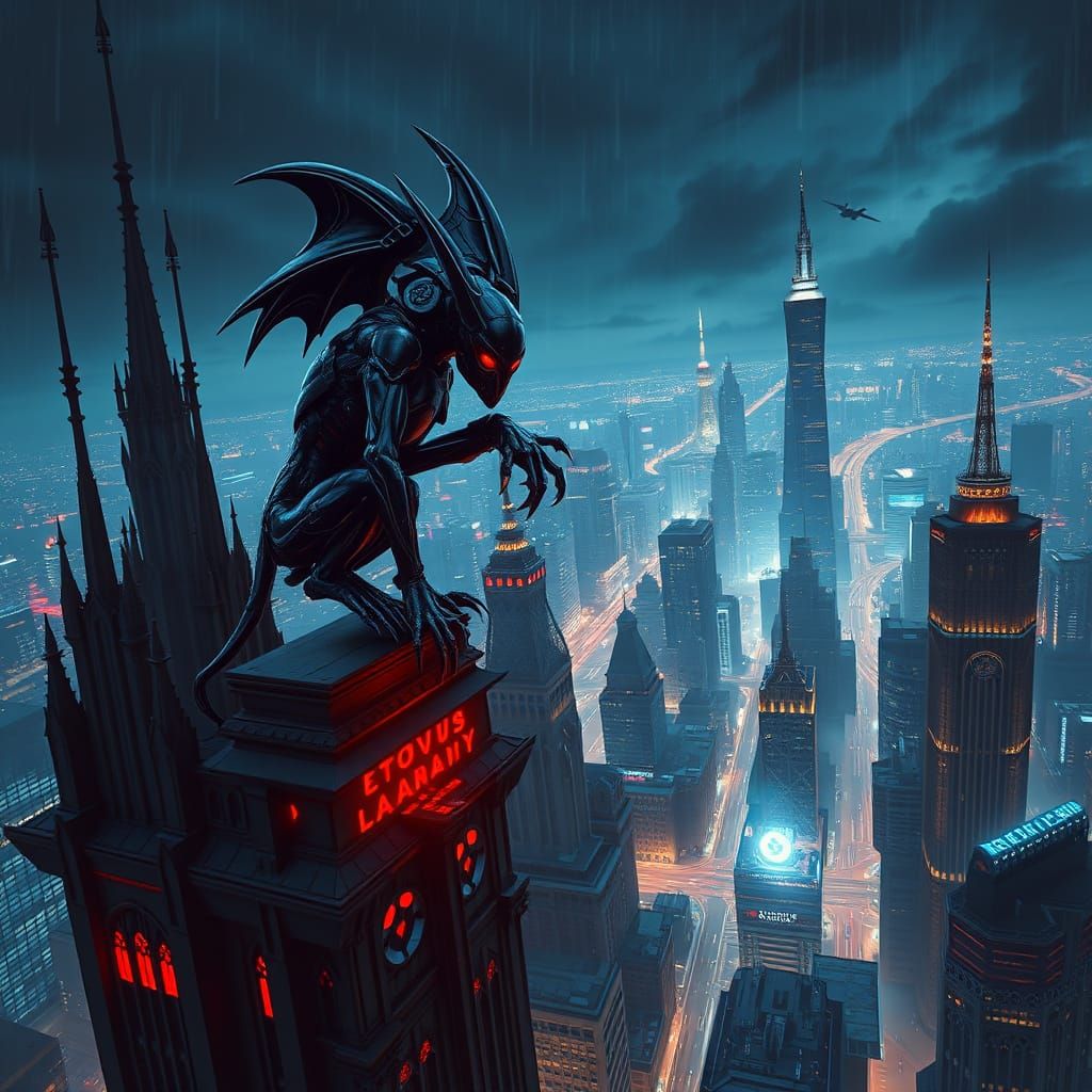 Mechanized Gargoyle Contemplates Neon Metropolis in Surreal ...