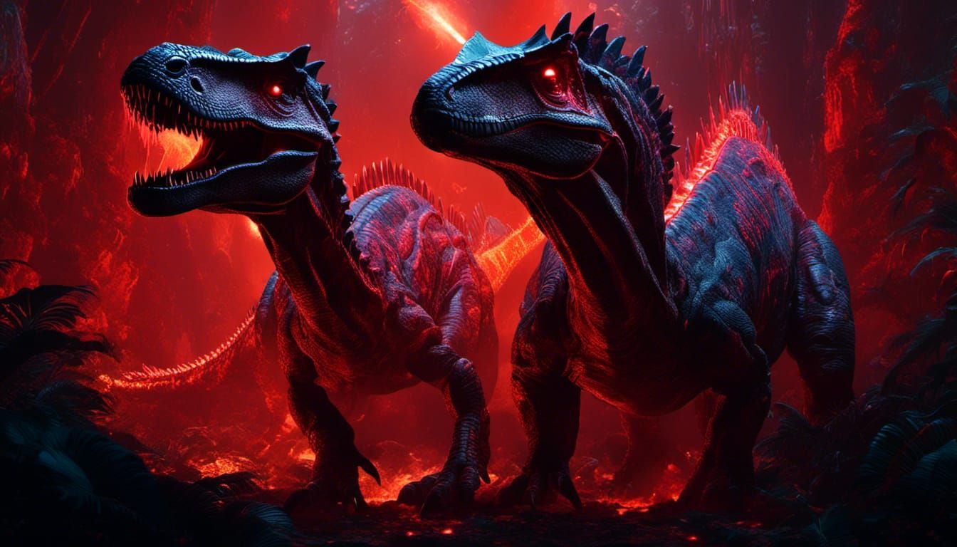 Laser-Eyed Dinosaurs Clash in Dark Fantasy Art