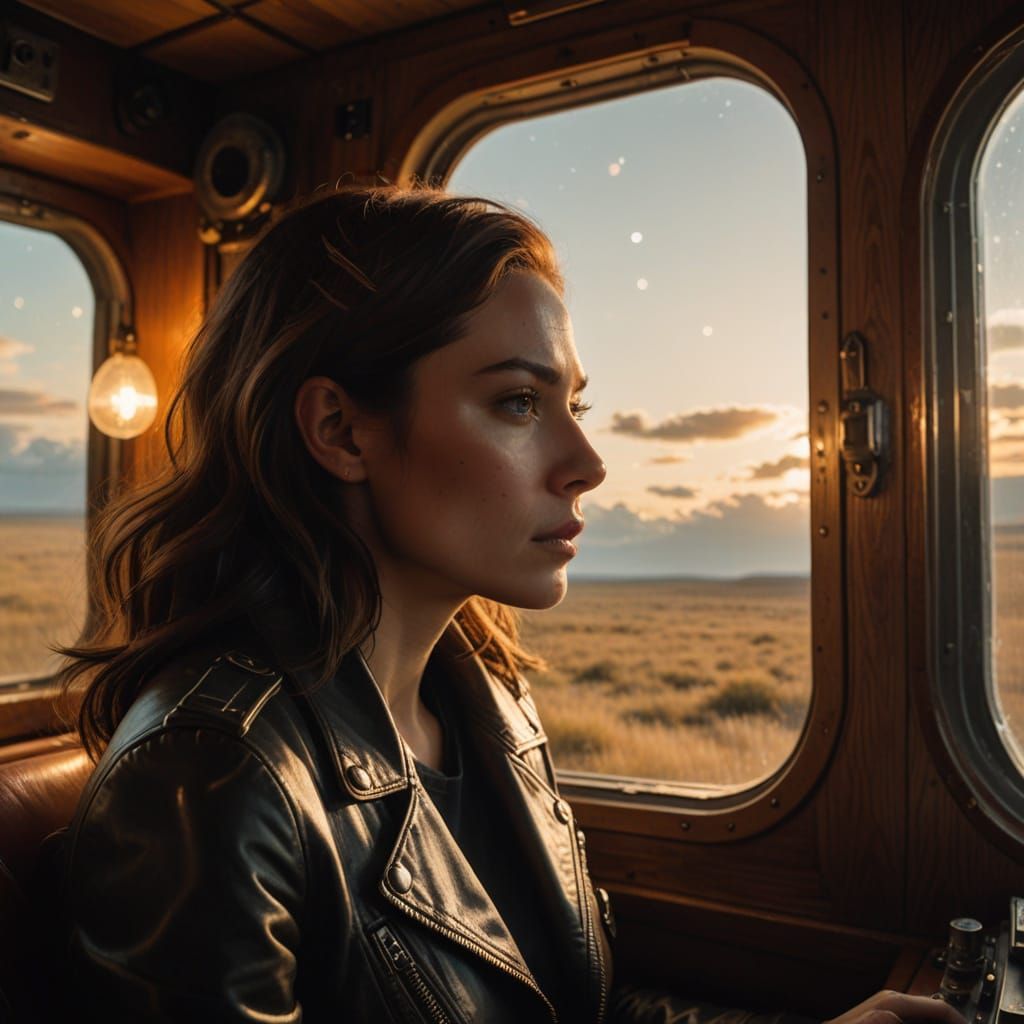 Woman Gazing at Earth from Spaceship Cabin